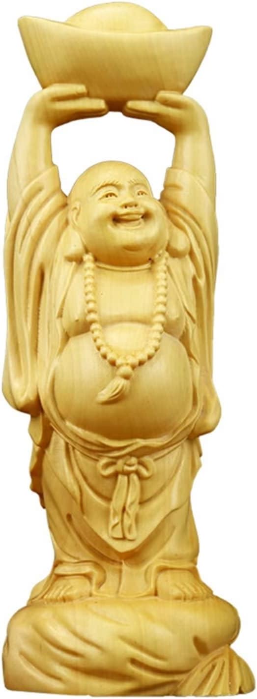 Solid Wood Feng Shui Laughing Buddha Holding Ingot Statue,Chinese Happy Buddha Figurines Wealth Luck Home Office Decor Collectible Gift