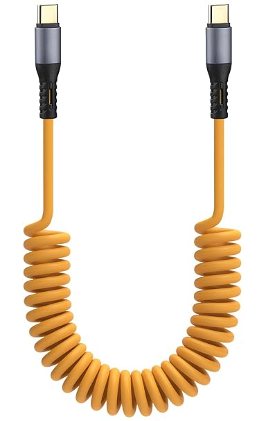 Coiled USB C Cable for Car Phone Charger, iPhone 17/16/15, Samsung Galaxy | Type C Fast Charging Cord, USBC to USBC, 60W, Yellow, 5 ft