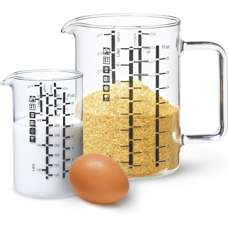 Simax Glass Measuring Cup, Durable Borosilicate Glass, Pack of 2 includes 32 oz and 16 oz Easy to Read Metric Measurements in Liter, Milliliter, Ounce, Sugar Grams, Drip Free Spout, Microwave Safe