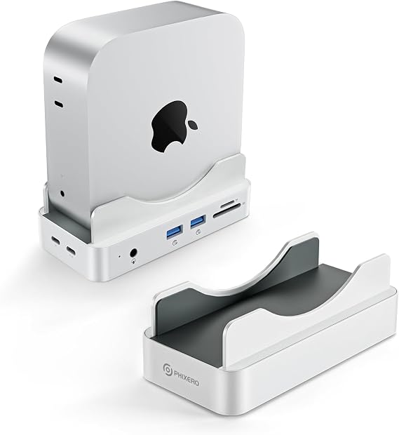 Phixero Mac Mini M4 Hub & Stand with NVMe SSD Enclosure | M4 Mac Mini Dock Up to 10Gbps Supports 2 USB-A & USB-A Data Port & SD Card Reader