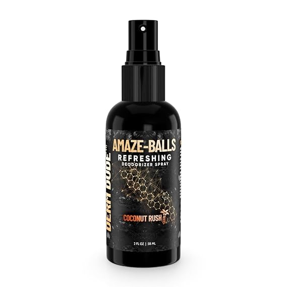Derm Dude Amaze Ball Deodorant Spray for Men | Anti-Chafing Groin & Sack Spray with DeoPlex & Aloe Vera | Odor & Sweat Control for Private Parts | Coconut Rush Scent, Talc-Free, 2oz