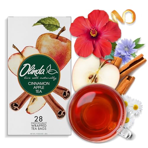 Olinda Cinnamon Apple Herbal Tea Caffeine Free Blend with Cinnamon Apple Hibiscus and chammomile Natural Flavored Spice Herbal Individually Wrapped 28 Tea Bags for Hot or Cold Herbal Tea