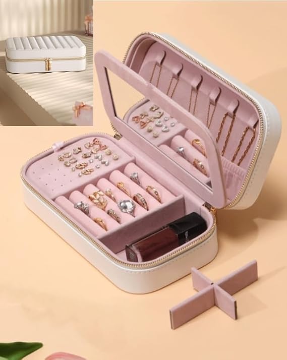 Premium Takı Organizeri, Beyaz Mücevher Kutusu, Gold Renk Fermuarlı, Yüzük ve Küpe Bölmeli, 21x11x6 cm