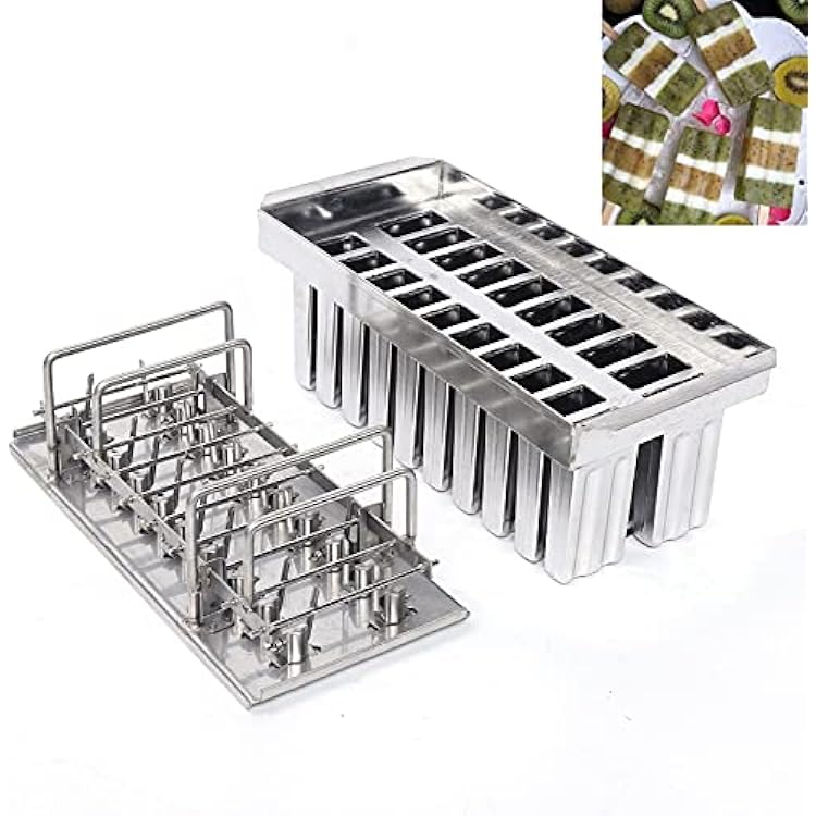 20pcs Popsicle Molds, Commercial Stainless Steel Ice Lolly Popsicle Mold Holder Kit GDAE10 with 100 Reusable Bamboo Sticks & Cleaning Brush for Home Industries 20 Pcs Rectangular Double Slot