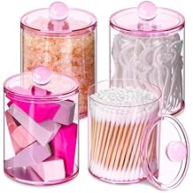 XIPENGKEJI 4 Pack Qtip Holder,Canister Apothecary Jar Set, Bathroom Jars with Lids Set for Cotton Swabs, Balls, Pads, Floss Picks,10oz-12oz Plastic Canisters Restroom Bedroom Vanity Organizer(Pink)