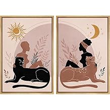 MUDECOR Framed Canvas Print Wall Art Mid-Century Women with Jungle Cats Abstract Nature Illustrations Modern Art Decorative Bohemian Multicolor Geometric Minimalism for Bedroom - 16"x24"x2 Natural