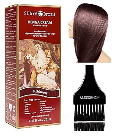 Surya Brasil All Natural HENNA Hair Color CREAM Plant Extracts, Semi-Permanent for Grey Coverage (with Brush) Brazil (BURGUNDY)
