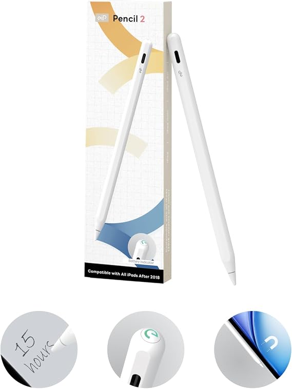 eiP Pencil 2 Magnetic Stylus Pen with 2X Durable Tips for iPad Pro Air mini | 0.1mm precise drawing tip, for iPad Pro M5, Air M4, 11 inch 13 inch, mini 6, compatible with model 2018-2026, palm rejection