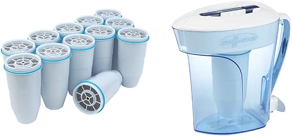 ZeroWater Official Replacement Filter (12-Pack) and 10-Cup Ready-Pour 5-Stage Water Filter Pitcher