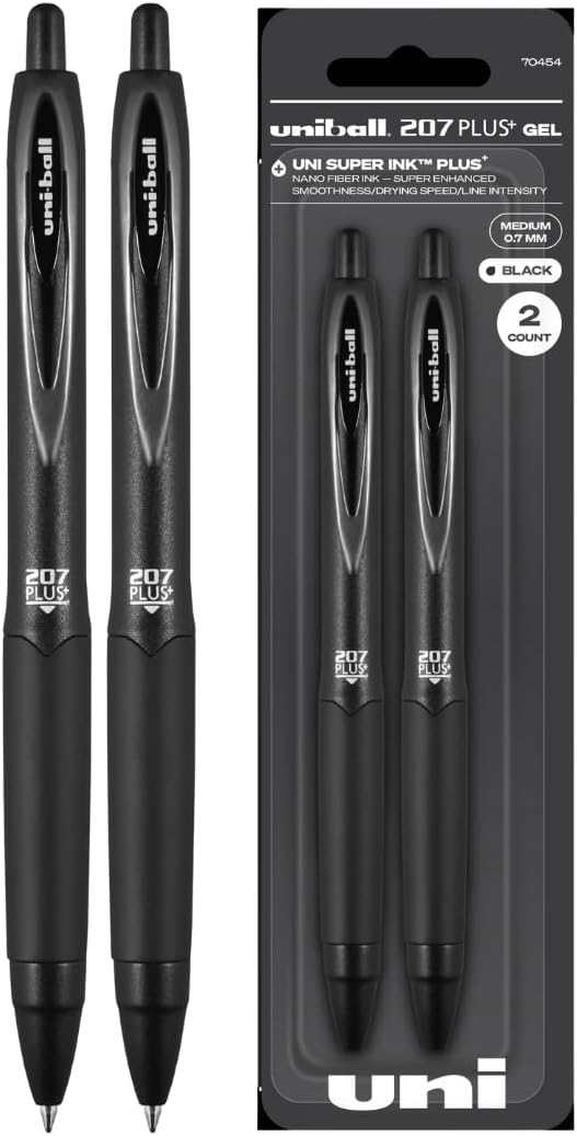 uniballTM 207 Plus+ Gel Pens, Black Ink, 0.7mm Medium Point, 2 Count | Retractable, Faster-Drying, Smooth Writing, Smear-Resistant, uni Super InkTM Plus+