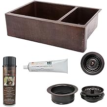 Premier Copper Products KSP3_KA75DB33229 Copper Apron Front 75/25 Basin Split Kitchen Sink and Drain Package