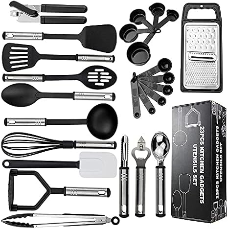 Kitchen Tools 25-Piece Set, Kitchen Utensils, Cookware Set, Silicone, Kitchen Utensils, Pastry Tools, Heat Resistant, Kitchen Tool Set, Cooking Utensils, Potato Masher, Turner, Whisk, Tongs, Peeler, Pizza Cutter, Cooking Spoon, Ladle, Spatula, Can Opener, Bottle Opener, Multifunctional Grater Black, 25-Piece Set