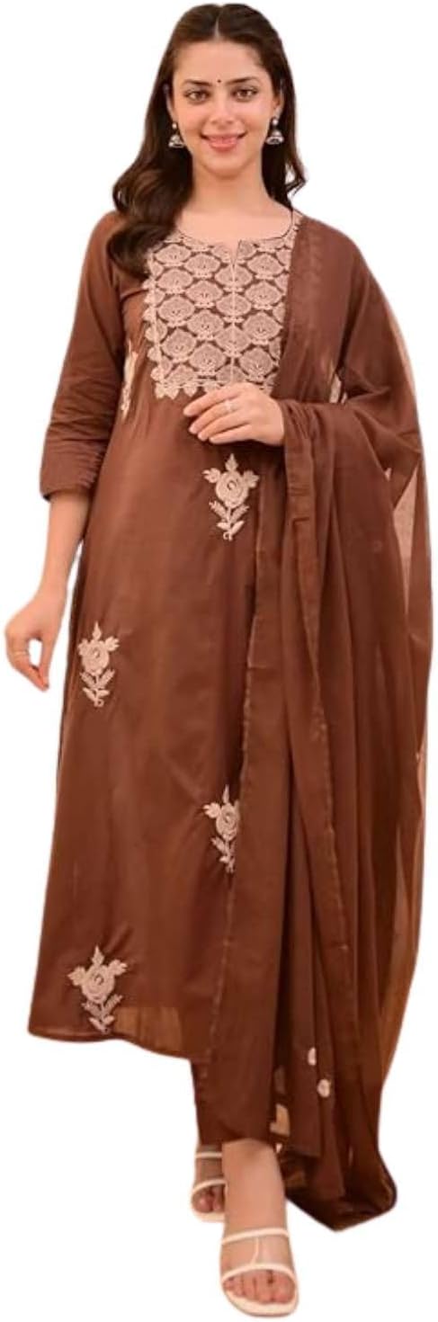 Womens Embroidered Rayon Viscose Silk Kurta Pant Dupatta Set | Straight Fit Ethnic Suit for Traditional Wear | Brown