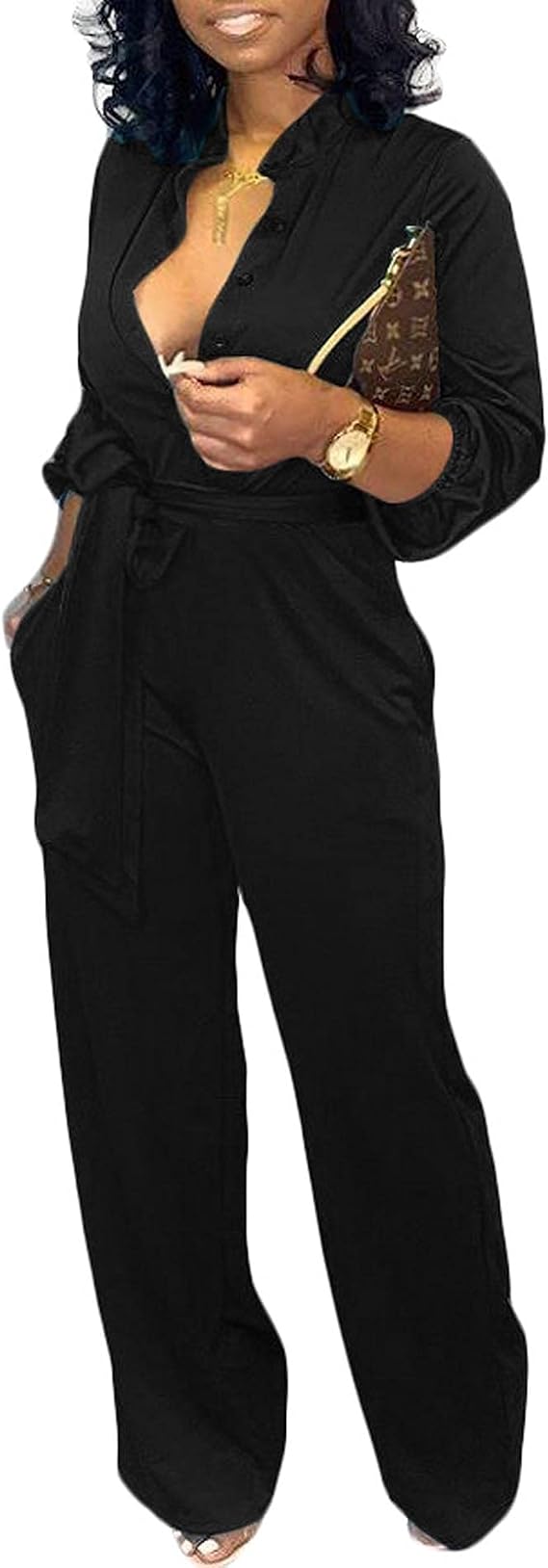 Sexyshine Women's Jumpsuits Long Sleeve Button Down Stand Collar Long Straight Pants Business Party Jumpsuit with Belt