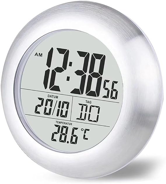 Digital Bathroom Shower Wall Clock, Waterproof Spray, Moisture Proof Meter, Moisture Proof, Large Screen Display, Calendar Month and Date, [4 Strong Suction Cups] Hanging Hole Silver Frame