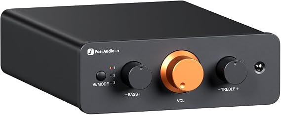 Fosi Audio P4 Mini Preamp with 3 RCA Inputs, Home Audio Stereo Pre amp for Amplifier/Active Subwoofer/Speakers, Preamplifier with 3-Level Adjustable Gain 3/6/9 dB, Bass and Treble Control
