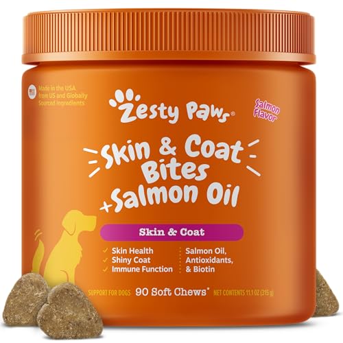 Zesty Paws Salmon Oil for Dogs Skin and Coat, Omega 3 Fish Oil Chews, Dog Allergy Relief Chews, Itch Relief Supplement, 90 Count, Salmon Flavor