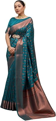Kanjivaram Womens Banarasi Pure Silk Saree with Blouse for Wedding Feather