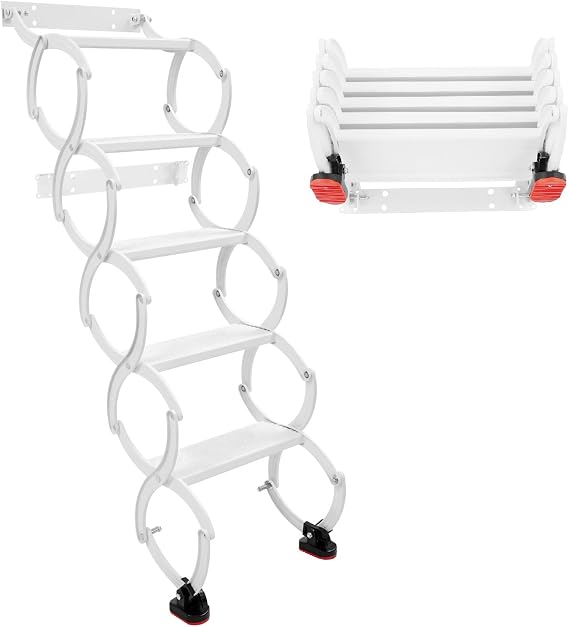 5 Steps Wall Mounted Folding Ladder, Attic Ladder Pull Down System, Telescoping Step Ladders, Retractable Folding Stair for Loft, Garage, Basement, Warehouse, 440 lbs Load Capacity, White