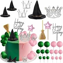 25 Pcs Witch Cake Toppers, Witch Hat Crown Broom Green and Pink Balls Cake Decorations for Halloween Witch Theme Birthday Party Decorations Supplies