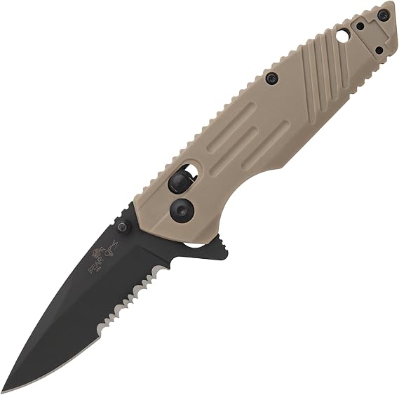 Bear & Son Rancor IX Slide Lock Flipper Knife 4-3/8" Partially Serrated Blade - Desert Sand