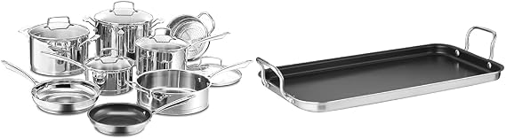 Cuisinart 89-13 13-Piece Cookware Set Professional-Series, Stainless Steel & Griddle Skillet, Nonstick Double Burner, 10x18-Inch, MCP45-25NSP1
