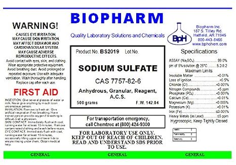 Biopharm Sodium Sulfate, Anhydrous, ACS Reagent, Crystals. 500 Grams | ACS Reagent Grade. For Analytical and Laboratory Applications