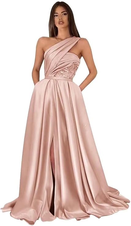 Yuxin One Shoulder Prom Dresses 2023 with Pocket Satin Long A-Line Slit Formal Evening Gowns for Women Blush Pink Us2