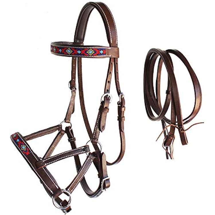 Horse Western Leather Tack Beaded Bitless Sidepull Bridle Reins Brown 77RS21BR