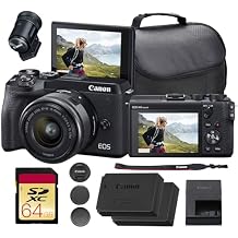 Canon EOS M6 Mark II Mirrorless Camera with 15-45mm Lens & EVF (Black) Bundle | 32.5MP APS-C Sensor, Dual Pixel CMOS AF, 4K Video & High-Speed | for Travel & Content (3611C011) + 64GB Card + More