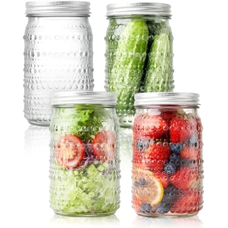 Wide Mouth Mason Jars 32oz, 4 Pack Quart Mason Jars with Lids, Glass Canning Jars for Pickling, Storing Food, Meal Prep, Salad Jam, Overnight Oats, Yogurt