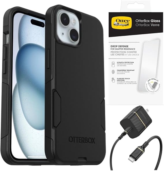OtterBox iPhone 17e, iPhone 16e & iPhone 15 (Only) Bundle: - Commuter Series Case - Black - Glass Screen Protector - USB-C to USB-C Wall Charging Kit, 20W - Slim & Tough - with Port Protection