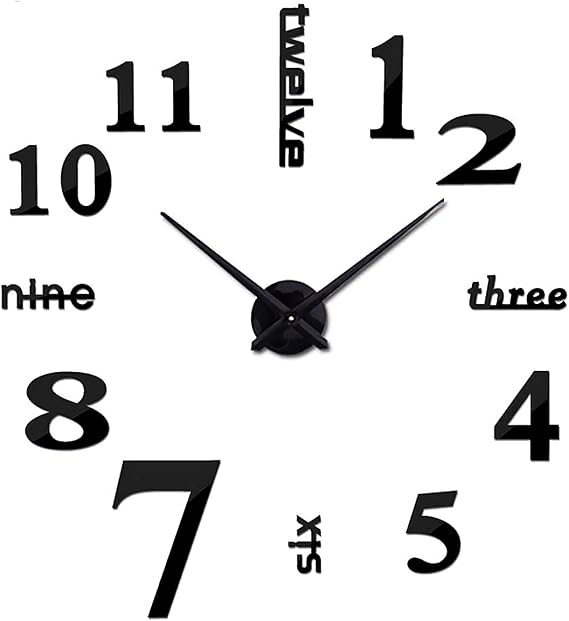 3D DIY Large Wall Clocks for Living Room Decor Wall Clock Stickers (Black)