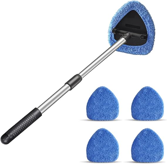 Windshield Cleaner with Extendable Handle and 4 Pads, Blue | extendable handle, four washable microfiber pads, reusable design, for vehicle glass home and office use