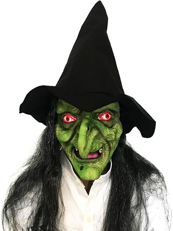 Scary Old Women Witch Mask with Hair Hat Halloween Costume Horror Witch Evil Ghost Mask Carnival Party Props