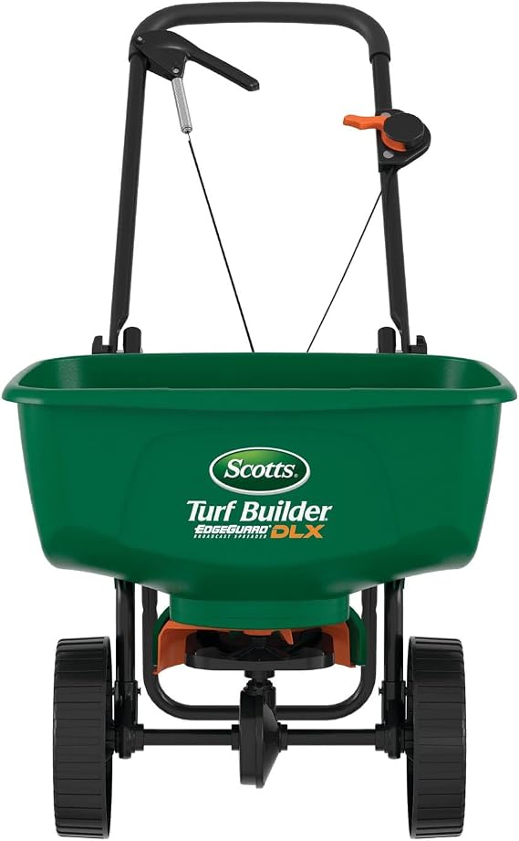 Scotts Turf Builder EdgeGuard DLX Broadcast Spreader for Seed, Fertilizer, Salt, Ice Melt, Holds up to 15,000 sq.ft. Product, Green | Spreader For Lawn Fertilizer, Weed & Insect Control, Grass Seed, and Ice Melt, Holds Up To 15,000 sq. ft. of Product