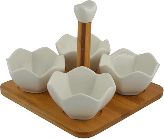 Whiteware 4 Bowl Ceramic Serving Set with Handle