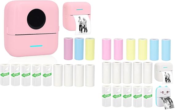 Mini Portable Printer Set + 16 Rolls Thermal Paper Set, Including Sticker/Colored Plain/White Plain Paper, Pink