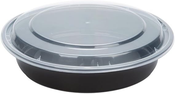 48 oz. Black Round Microwavable Container with Clear Lid, Lunch Bento Box, (Case of 50)