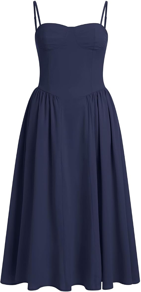 OBEEII Corset Dress for Women Summer Sundress Spaghetti Straps Bustier Midi Dress with Pockets Flowy Graduation Party Dress