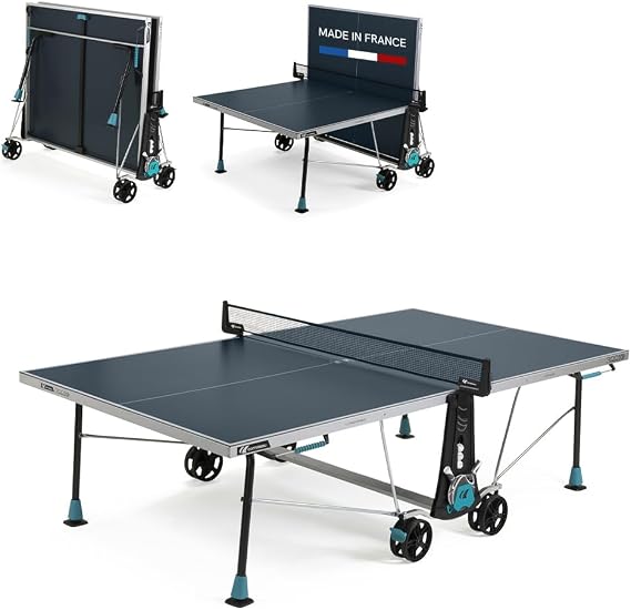 CORNILLEAU - 300X Outdoor Table Tennis Table - 5mm Weatherproof Surface, Anti-Glare Coating, Compact Folding Design, Storage for Paddles & Balls - Blue or Grey
