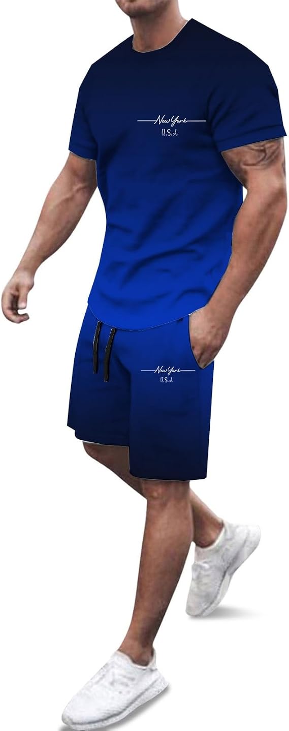 Men Summer Outfits Mens Short Sets 2 Piece Outfits Letter Print Casual Outdoor Activities Summer Set Shirt and Shorts Two Pieces Beach Outfit Fashion Suits Tracksuit Jogging Sweatpants,Blue,XL