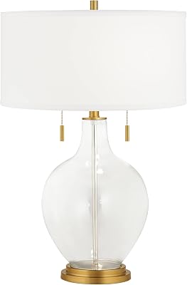 Color  Plus Toby 28 Tall Modern Glass Table Lamp Pull Chain Clear Fillable Gold Brass Finish Single Fabric White Shade Living Room Bedroom Bedside Nightstand House Office Family Reading