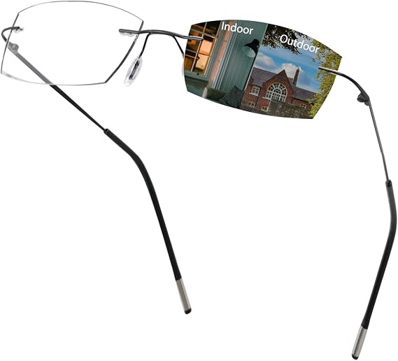 Progressive Transition Multifocal Reading Glasses Blue Light Blocking Photochromic Sunglasses Rimless Readers
