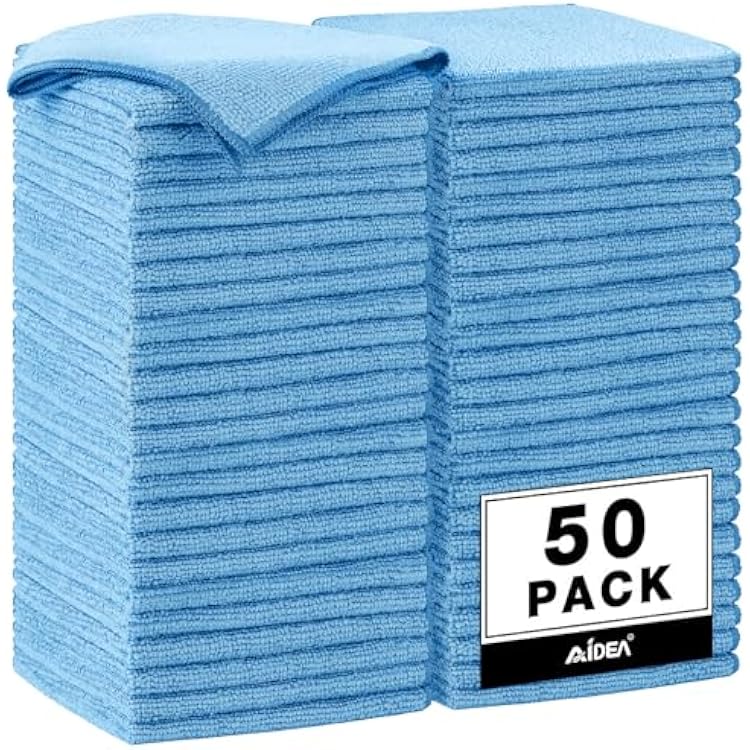 AIDEA Microfiber Cleaning Cloth, 50PK, Blue Shop Rags, Microfiber Towels for Cars, Dusting Cloth Lint Free Rags, Absorbent Towels for SUVs, House, Kitchen, Mechanic, Workshops, 1212