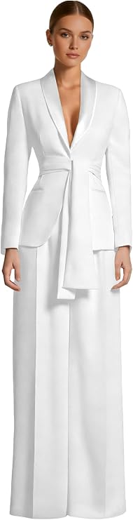 Women Formal 2 Pieces Belted Blazer Pants Suit Long Sleeve