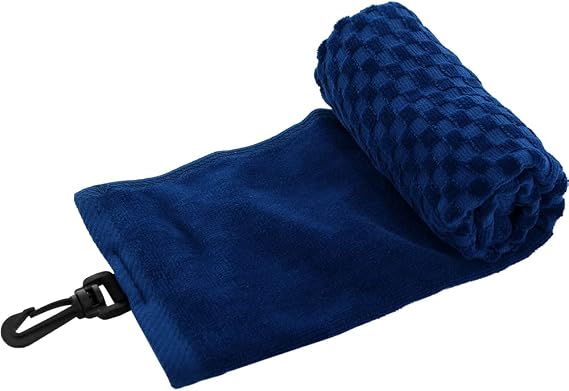 Cotton Golf Towel for Bag With Clip - Tri-fold Towel for Ball, Putter, Club Cleaning - Checkered Pattern Design (Dark Blue)