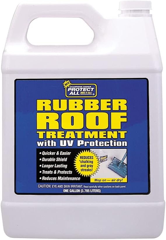 RV Rubber Roof Treatment - 1 gallon - anti-static, dirt repelling, and UV protectant - Protect All 68128 | Anti-static polymer coating repels dirt and grime on EPDM rubber roofs, reduces chalking and gray streaks, easy to apply
