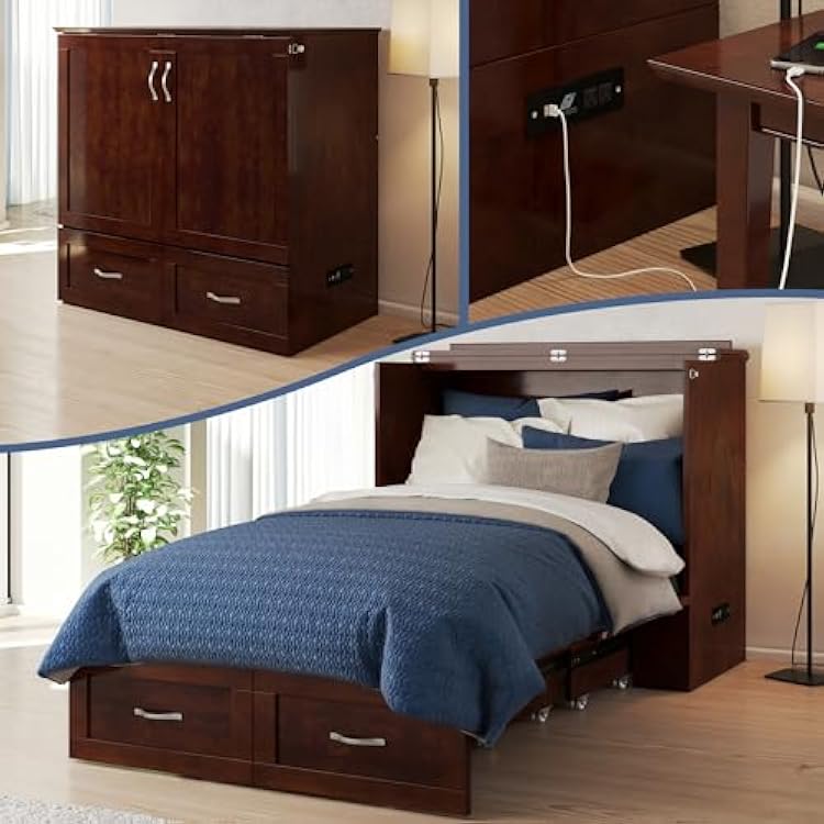 AFI, Hamilton Twin XL Murphy Bed Chest with 6 Mattress, Storage Drawer, and Built-in USB Charger, Walnut