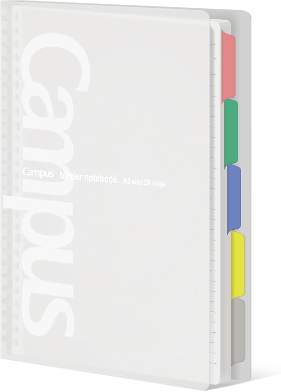 KOKUYO 5 Subject Spiral Notebook, Campus A5 Refillable Journal with 5 Tab Dividers, Up to 65 Sheet Capacity, 100 Sheets in 6mm Dotted Ruled Loose Leaf Paper, Transparent, Japan Import